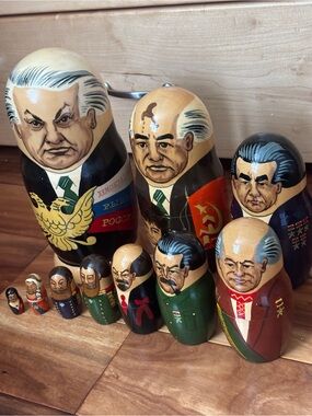 Set of 10 Hand-Painted Russian Nesting Dolls - Political Leaders Set.